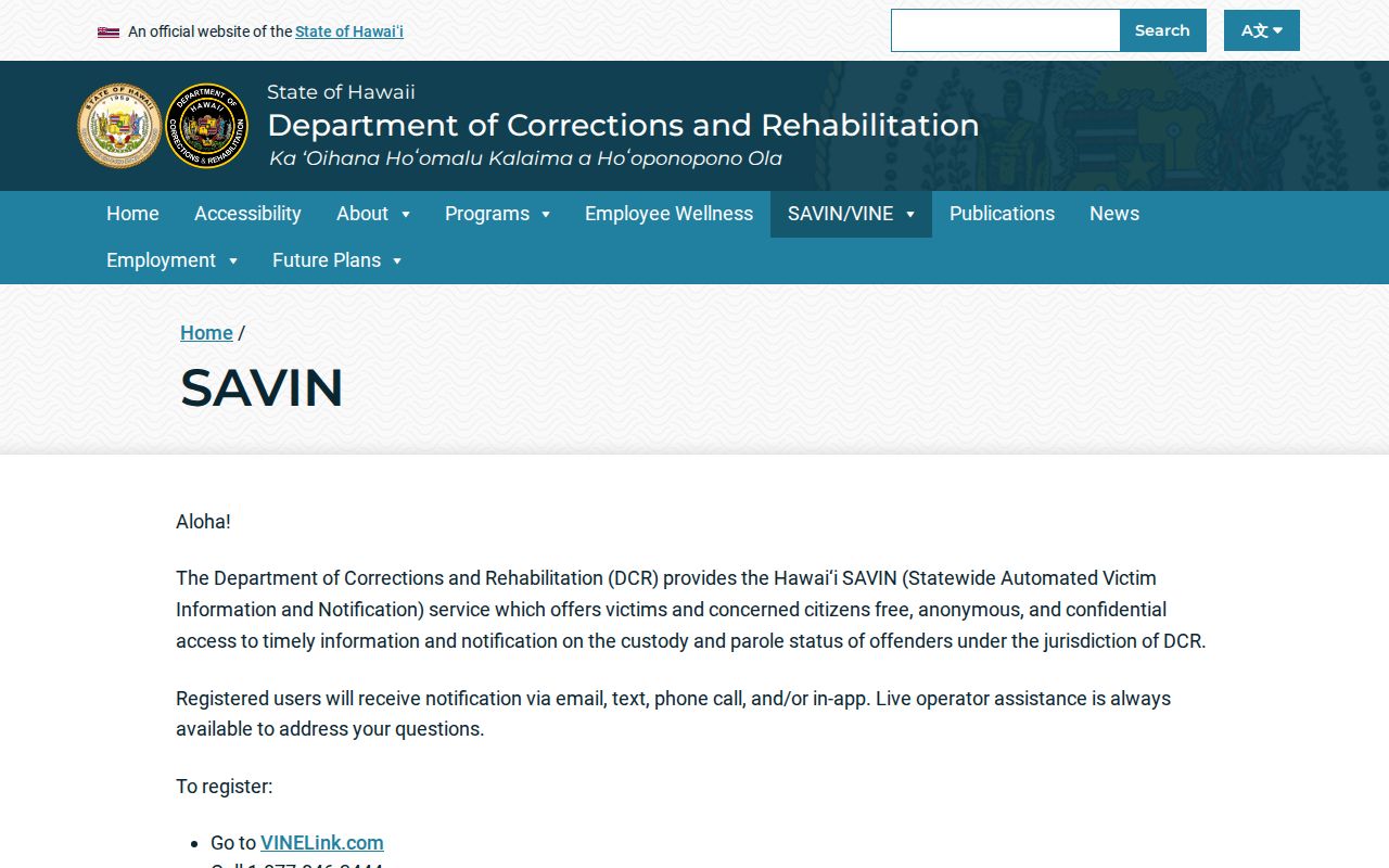 Hawaii County released inmate search through Hawaiʻi SAVIN