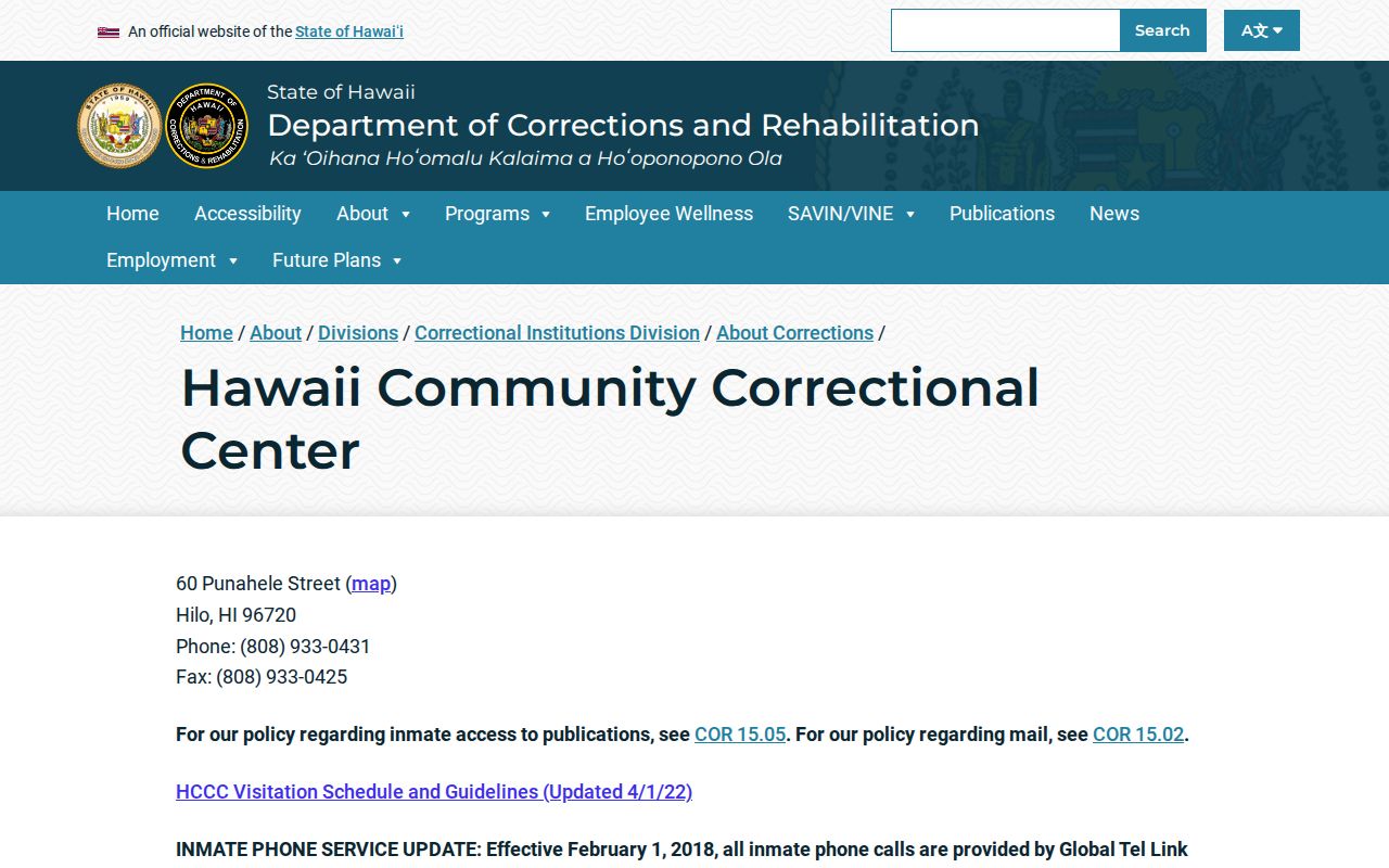 Official Hawaiʻi Community Correctional Center facility page