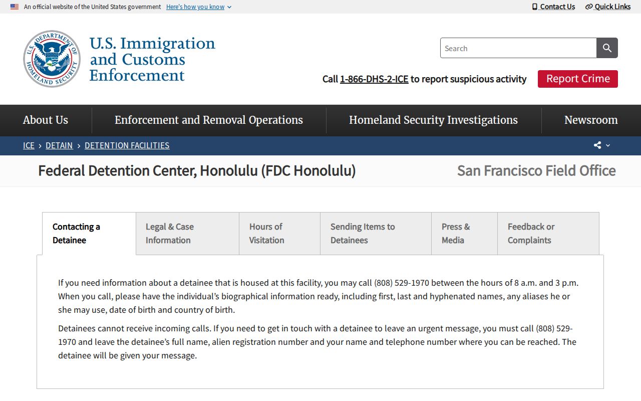 Official ICE information for Federal Detention Center Honolulu