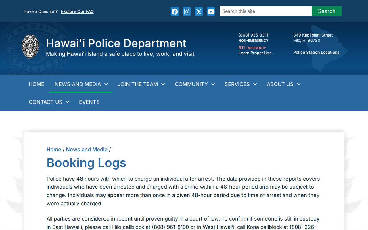 Hawaiʻi Police Department Hilo and Kona cellblock release records in the rolling 48-hour log